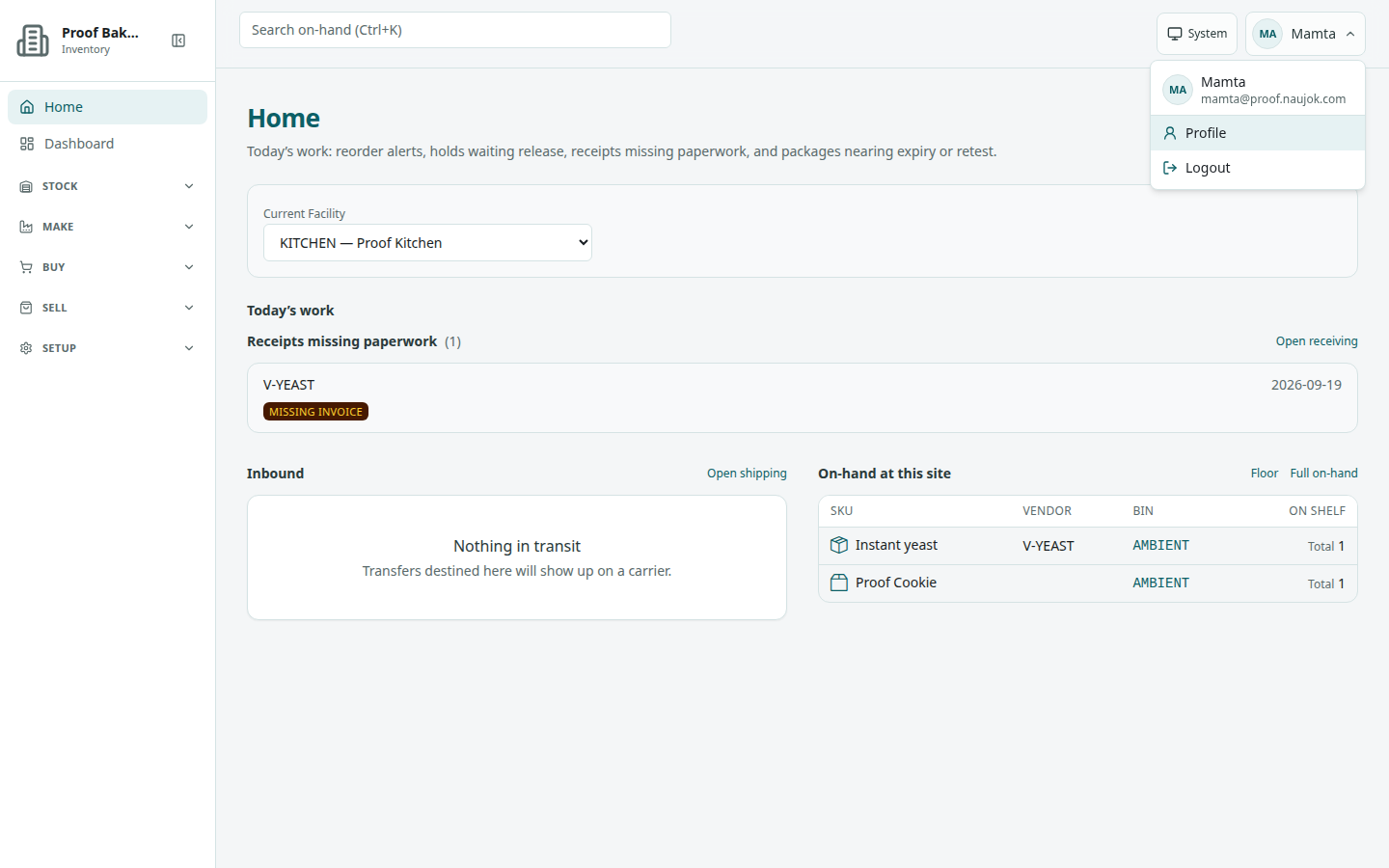 Account menu open in the signed-in header: name and account email, Profile, and Logout, with the theme button beside it.
