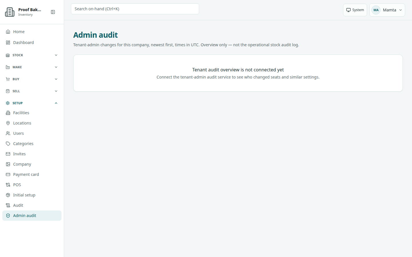 Admin audit page with the message Tenant audit overview is not connected yet.