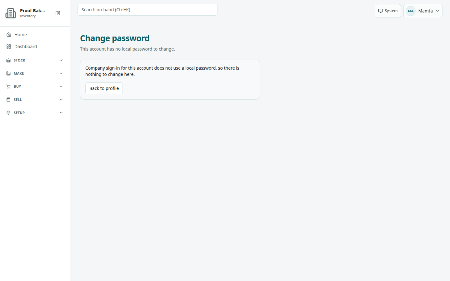 Change password page for an account without a ReagentFlow password: This account has no local password to change, and Back to profile.