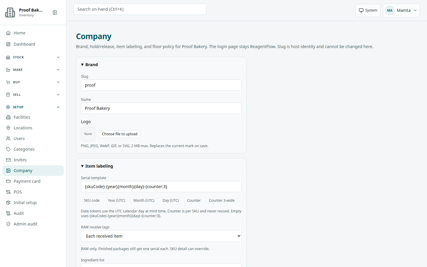 Company page with the Brand box open (Slug, Name, Logo drop slot) and the Item labeling box open (Serial template with token buttons).