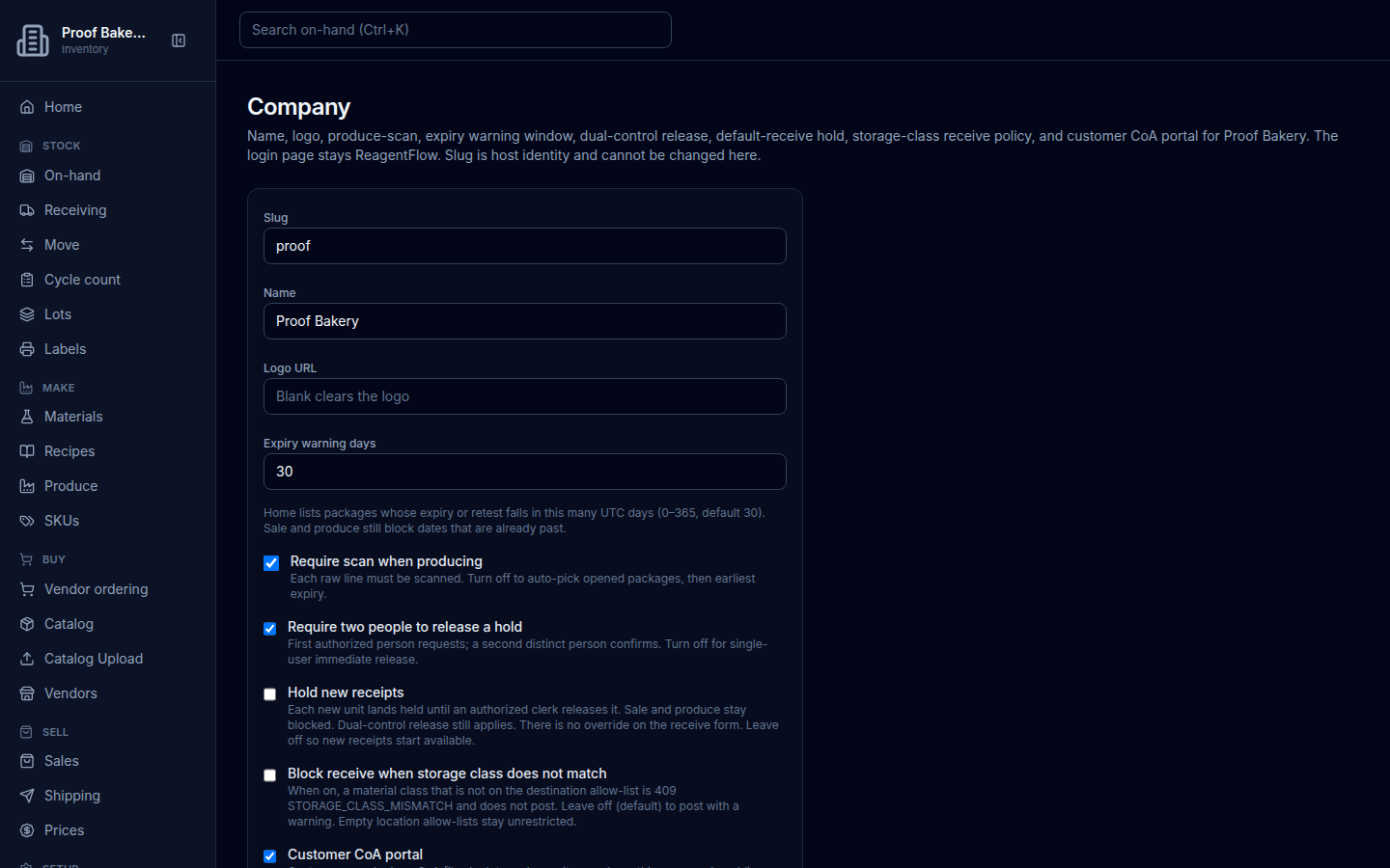 Earlier Company settings capture on Proof Bakery including the Customer CoA portal checkbox and Save, before settings were grouped into boxes.
