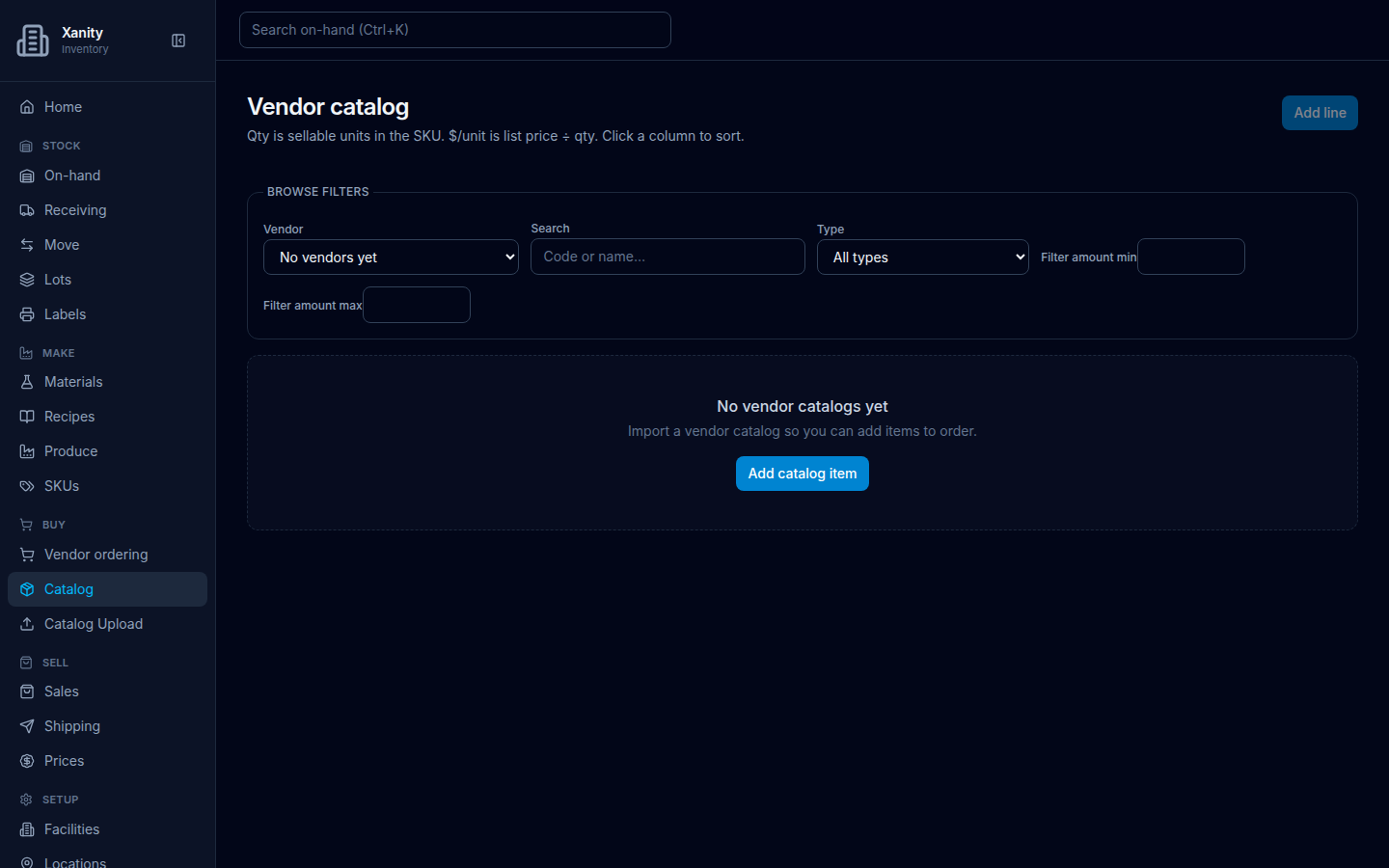 Vendor catalog on an empty company: Vendor No vendors yet, empty state No vendor catalogs yet, Import a vendor catalog so you can add items to order, Add catalog item.