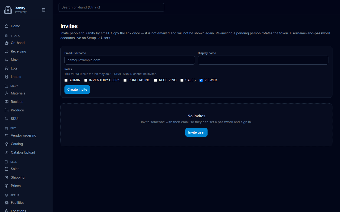 Earlier Invites capture: Create invite form with Email username, Display name, VIEWER ticked, and the empty state No invites.