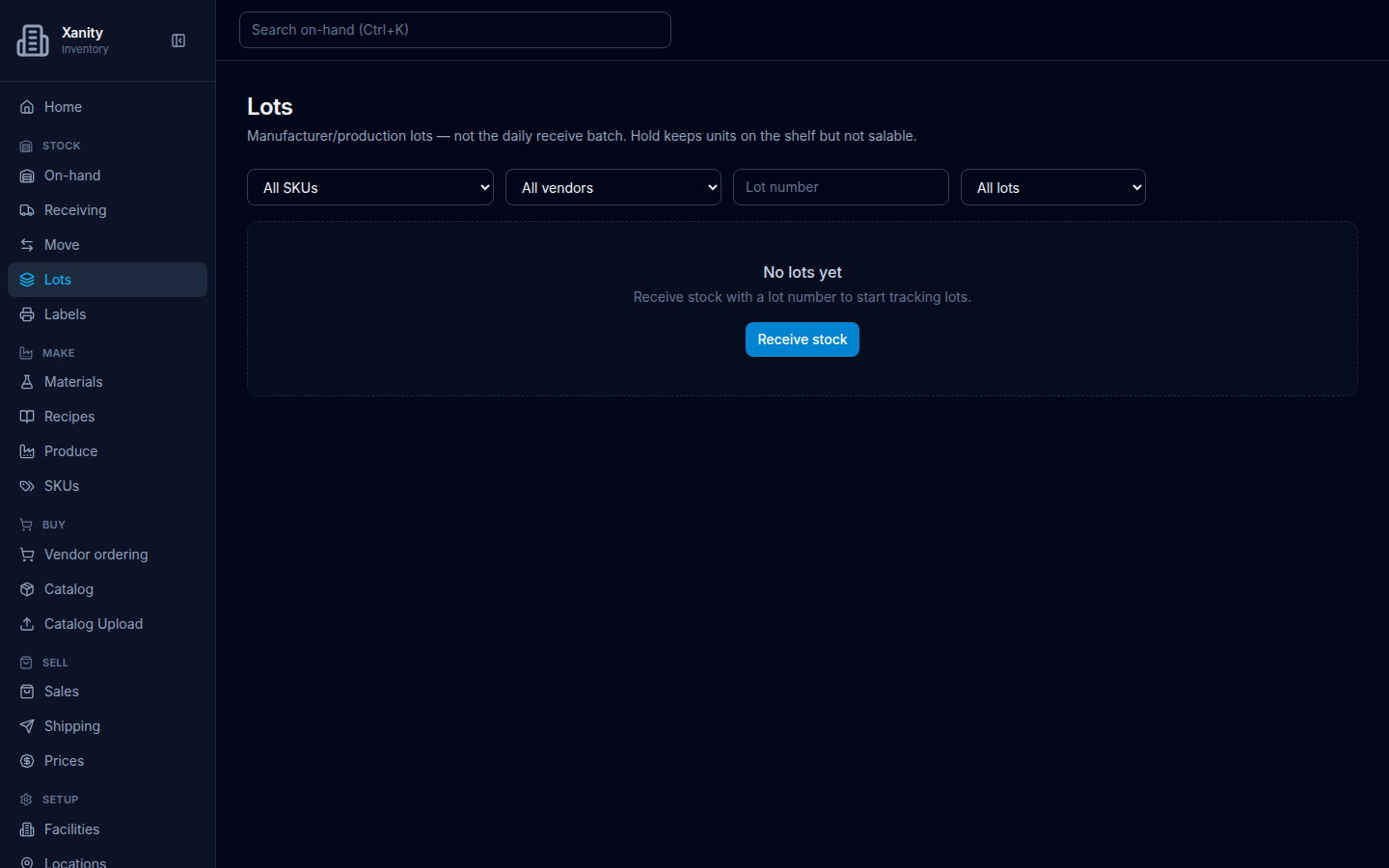 Lots on an empty company: All SKUs, All vendors, Lot number, All lots, and empty state No lots yet, Receive stock with a lot number to start tracking lots, Receive stock.