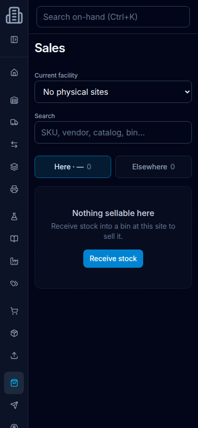 Sales phone layout: Stock location tabs Here 0 and Elsewhere 0, empty state Nothing sellable here, Receive stock into a bin at this site to sell it, Receive stock.