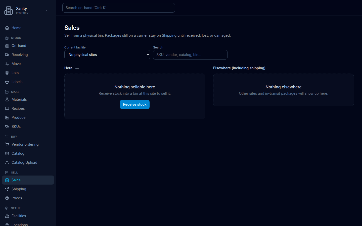 Sales on an empty company: Current facility No physical sites, Here empty Nothing sellable here with Receive stock, Elsewhere empty Nothing elsewhere with no button.