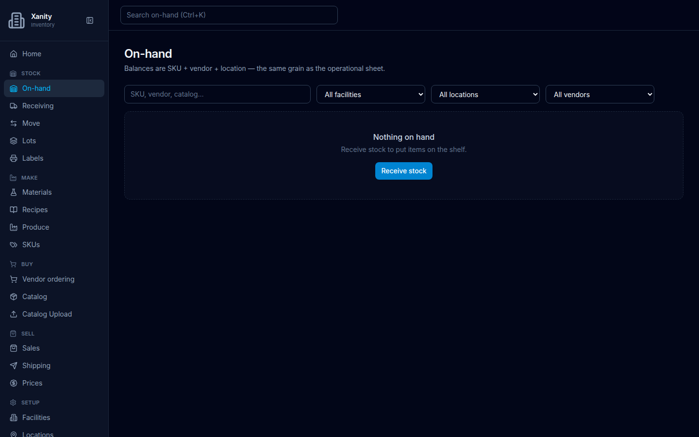 On-hand on an empty company: filters SKU vendor catalog, All facilities, All locations, All vendors, and empty state Nothing on hand, Receive stock to put items on the shelf, with a Receive stock button.