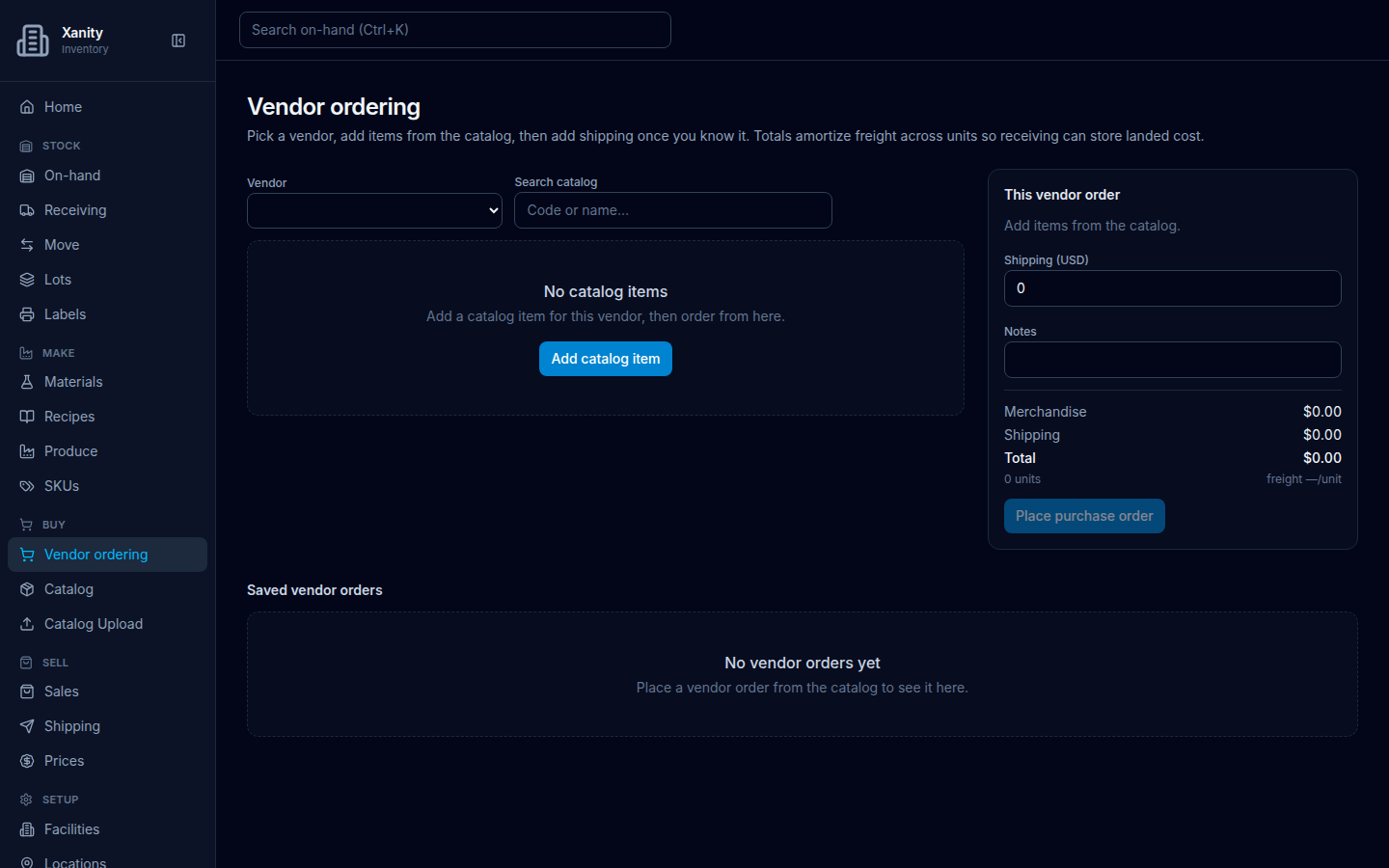 Vendor ordering on an empty company: blank Vendor, Search catalog, empty No catalog items with Add catalog item, cart This vendor order, and Saved vendor orders No vendor orders yet without a button.