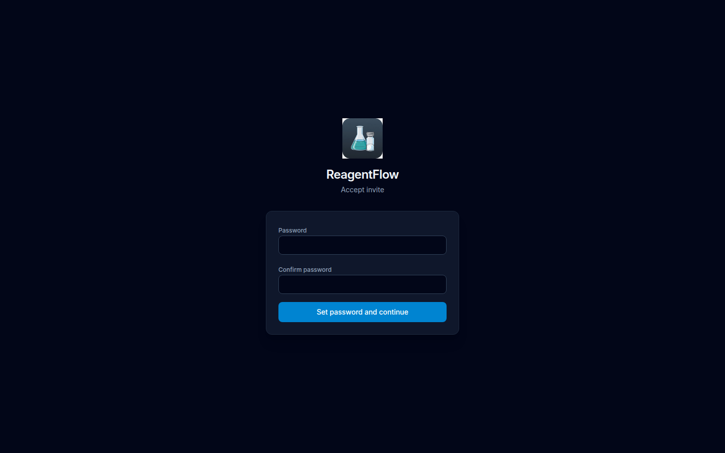 ReagentFlow Accept invite form with Password, Confirm password, and a Set password and continue button.