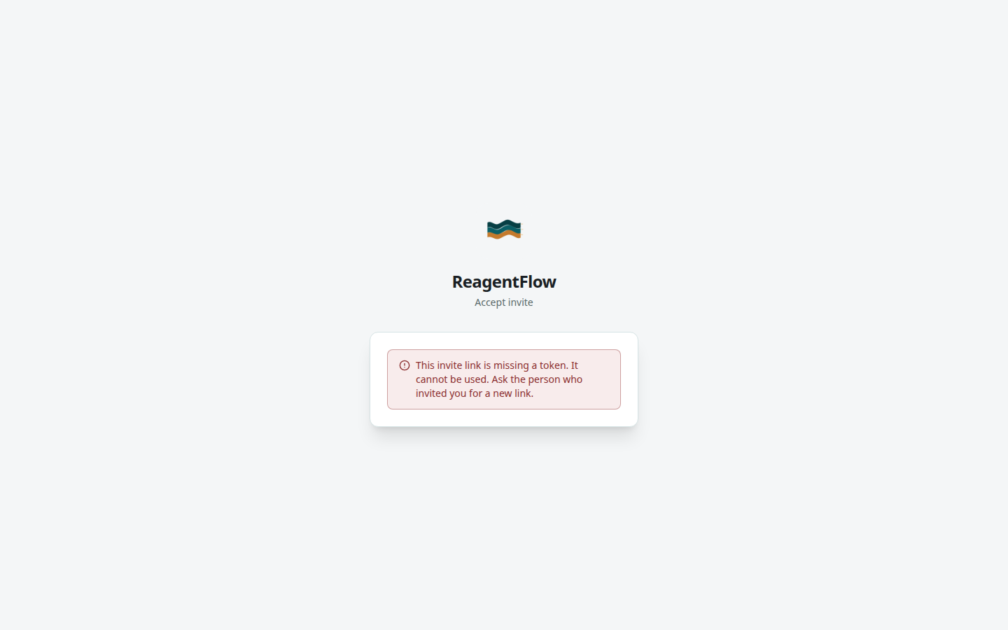 ReagentFlow Accept invite page with logo, title ReagentFlow, subtitle Accept invite, and the missing-token message.