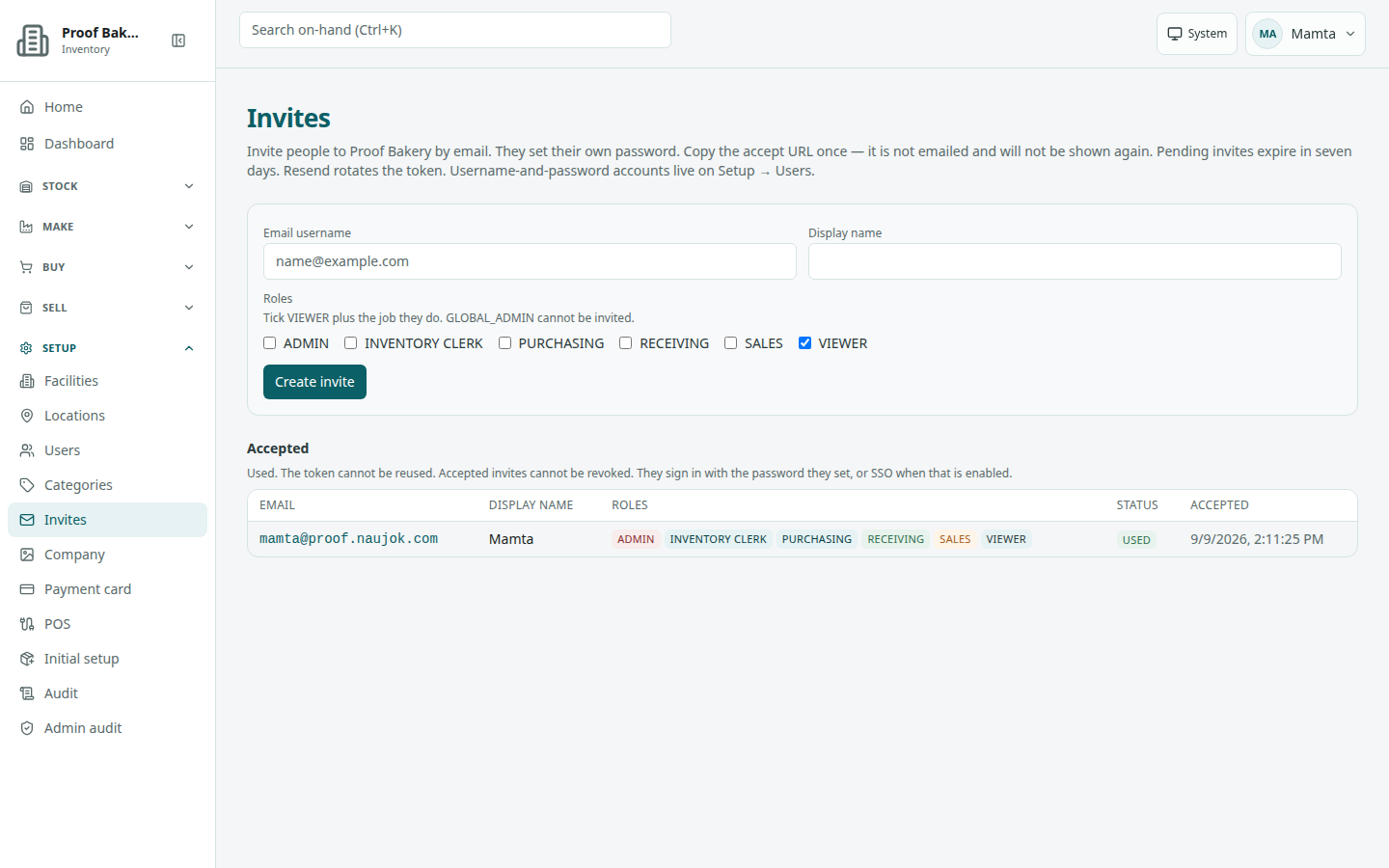 Invites page: Create invite form with Email username, Display name, and Roles, and the Accepted table with one used invite.