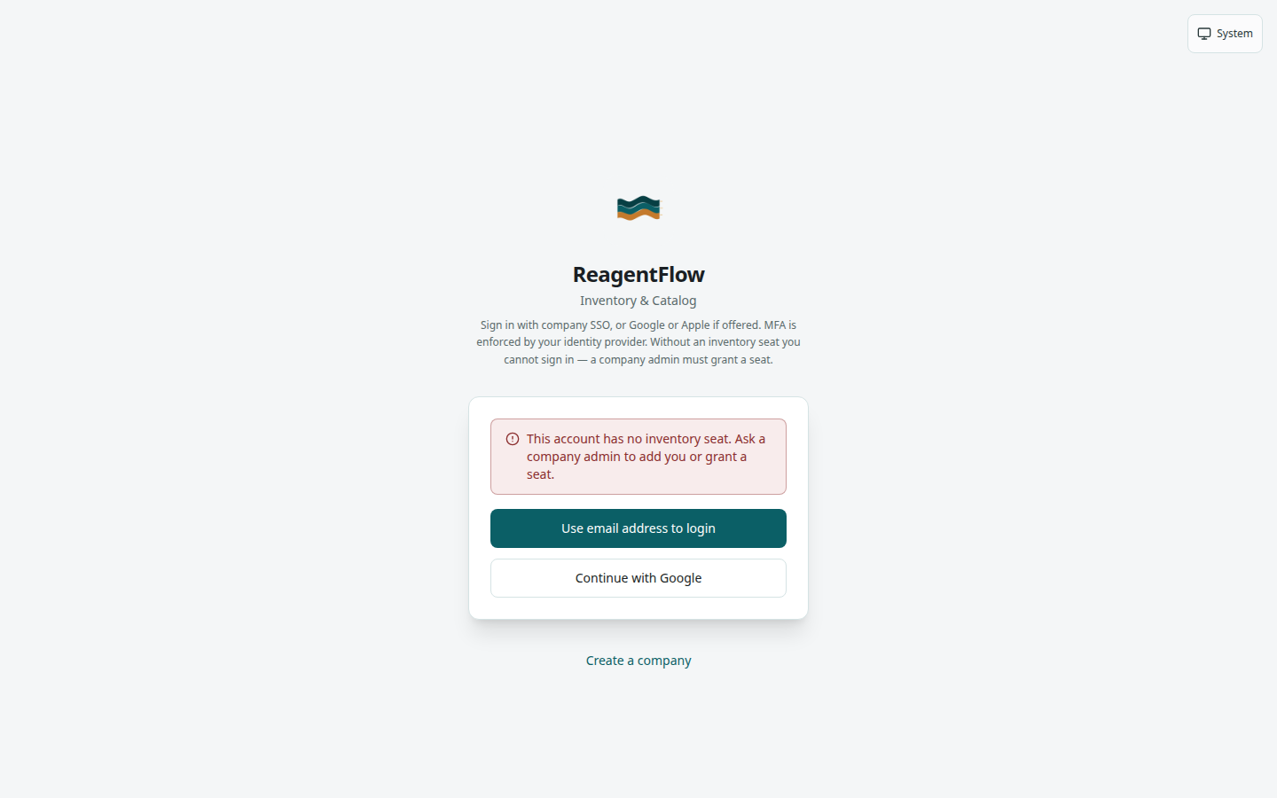 ReagentFlow login with red alert: This account has no inventory seat. Ask a company admin to add you or grant a seat. Use email address to login and Continue with Google appear below the alert.