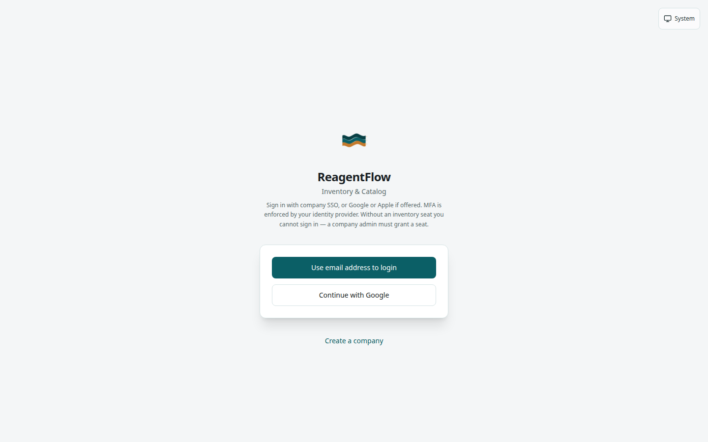 ReagentFlow login in single sign-on mode: product mark, title ReagentFlow, subtitle Inventory & Catalog, the sign-in hint, Use email address to login, Continue with Google, Create a company, and the theme button at top right.