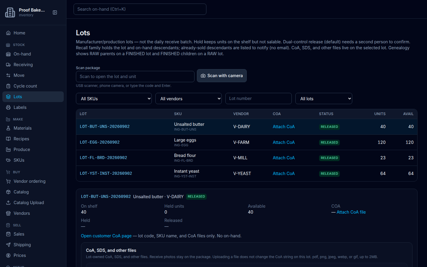 Lots detail with Open customer CoA page link, Attach CoA, and CoA SDS and other files panel.
