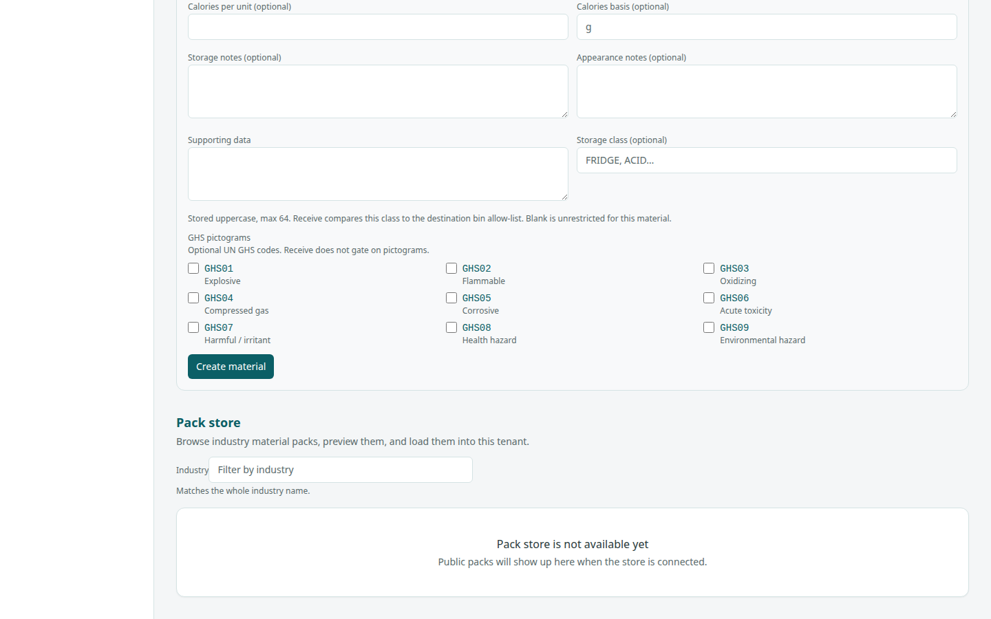Create material form with Name, Description, SDS links, CAS numbers, INCI names, Label INCI line, Calories per unit, Storage class, and GHS pictograms.