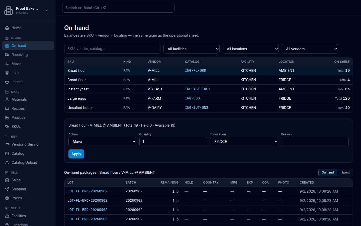 On-hand selected balance on Proof Bakery: summary Total Held Available, Action Move Adjust Sale Shrink, and On-hand packages table with LOT BATCH REMAINING HOLD COA.