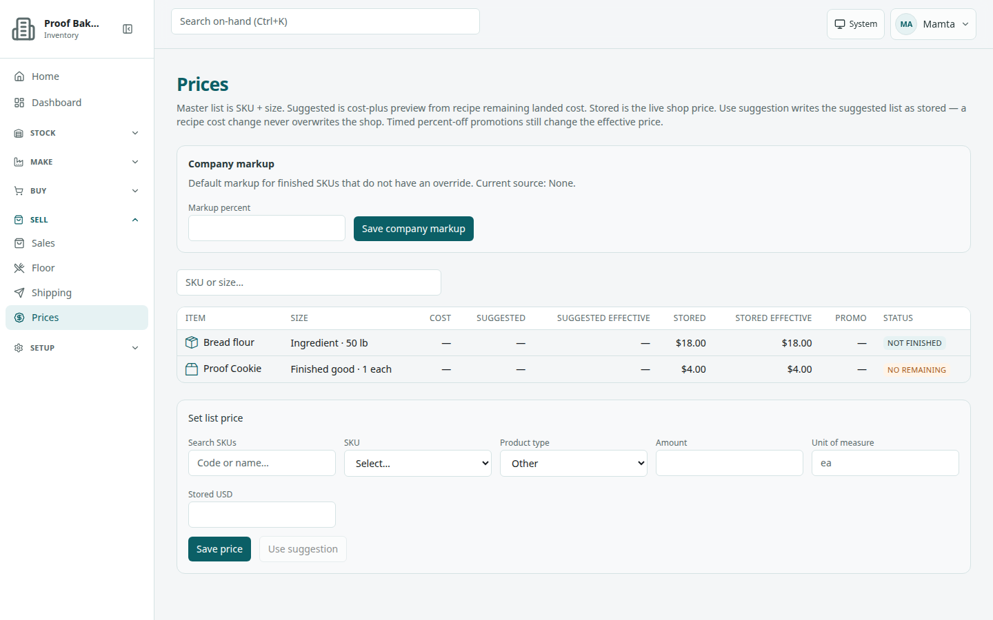 Prices page: Company markup form, table with Item, Size, Cost, Suggested, Suggested effective, Stored, Stored effective, Promo, and Status, and the Set list price form with Stored USD.
