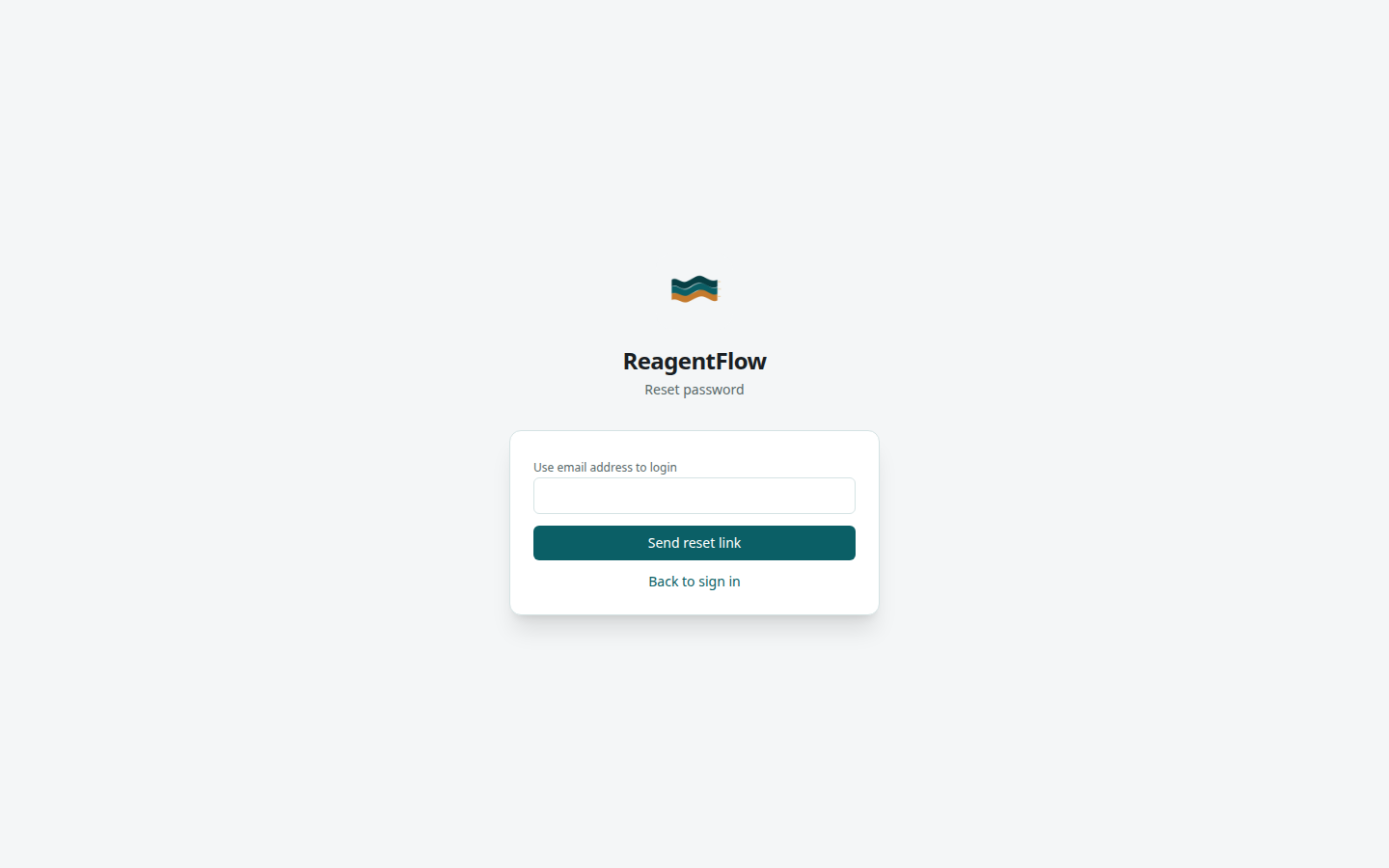 ReagentFlow Reset password request form: Use email address to login field, Send reset link, and Back to sign in.