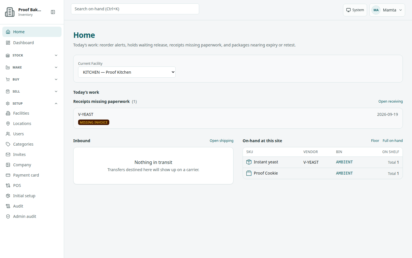 Grouped sidebar with Setup open: Facilities, Locations, Users, Categories, Invites, Company, Payment card, POS, Initial setup, Audit, and Admin audit.