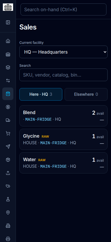Sales on a 390 by 844 phone layout: icon sidebar, Stock location tabs Here HQ 3 and Elsewhere 0, and tappable cards for Blend, Glycine, and Water with avail counts.