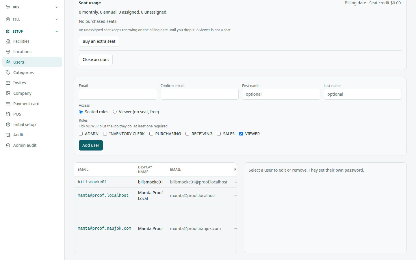 Seat usage panel on Users: billing line, seat counts, No purchased seats, Buy an extra seat, and Close account, with the Add user form below.