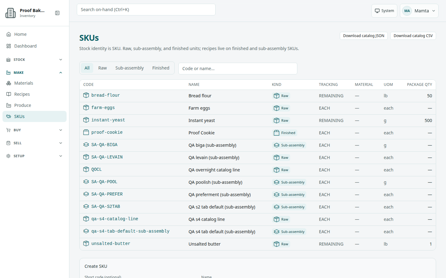 SKUs list with All, Raw, Sub-assembly, and Finished tabs, Download catalog buttons, and the SKU table.