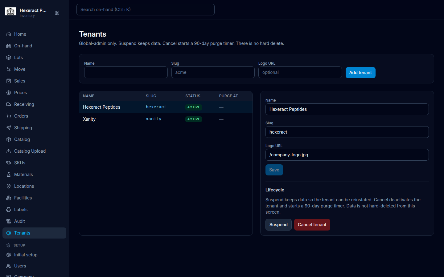 Earlier Tenants capture: Add tenant form, table of companies, detail form and Lifecycle with Suspend and Cancel tenant.