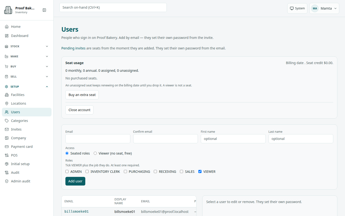 Users page on Proof Bakery: intro, Pending invites line, Seat usage panel, Add user form with Access and Roles, and the top of the users table with columns Email, Display name, Email, Phone, and Roles.